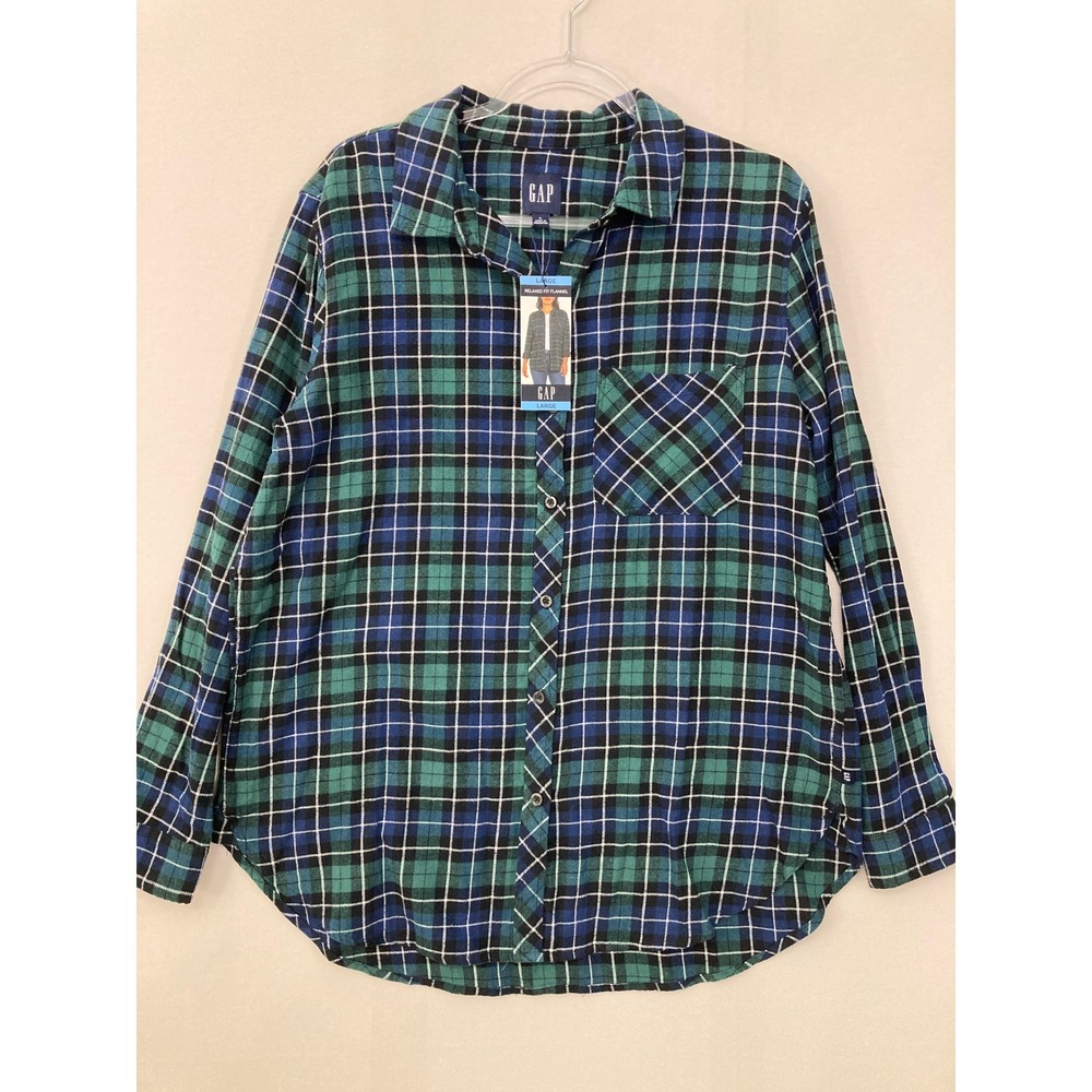 New GAP Relaxed Fit Flannel Large Green Blue Plaid Cotton Button Down Shirt